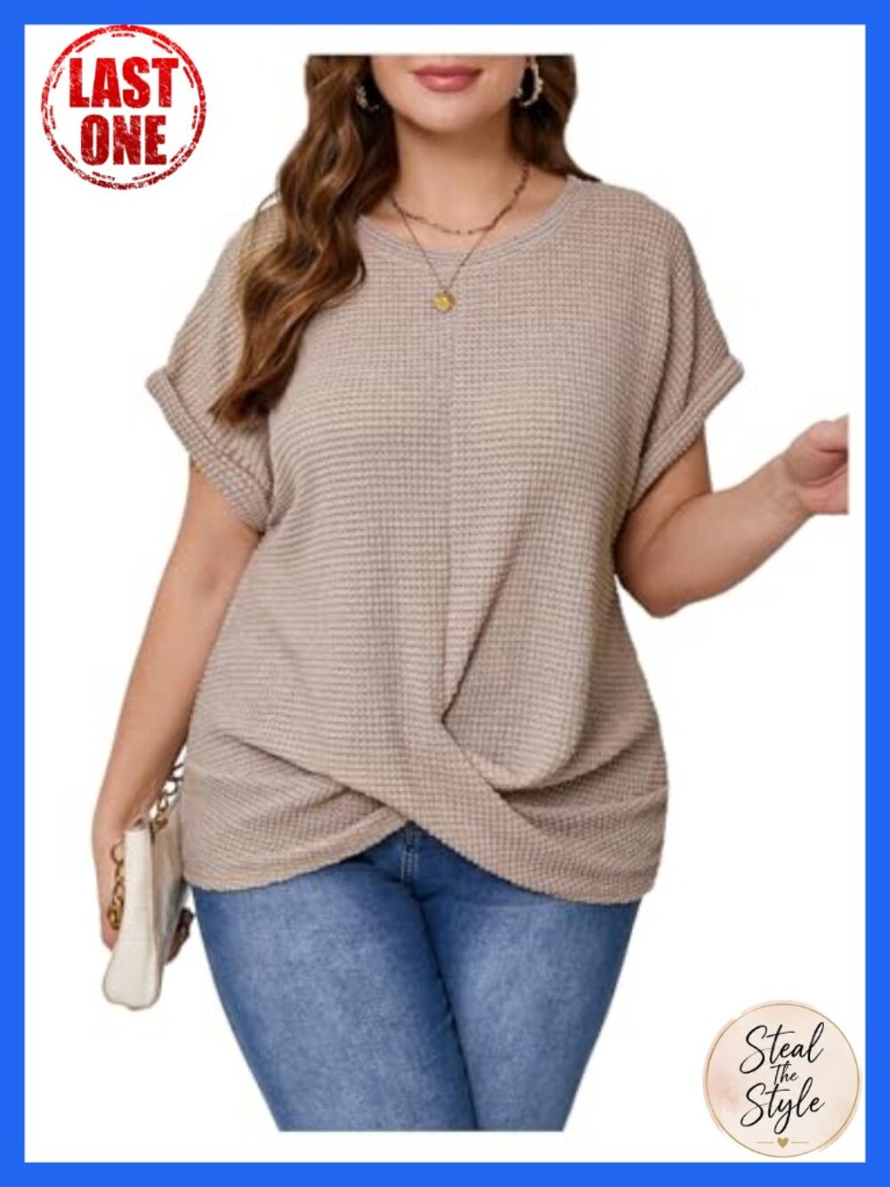 Waffle Knit Twist Front Short Sleeve T-Shirt Loose Casual Top